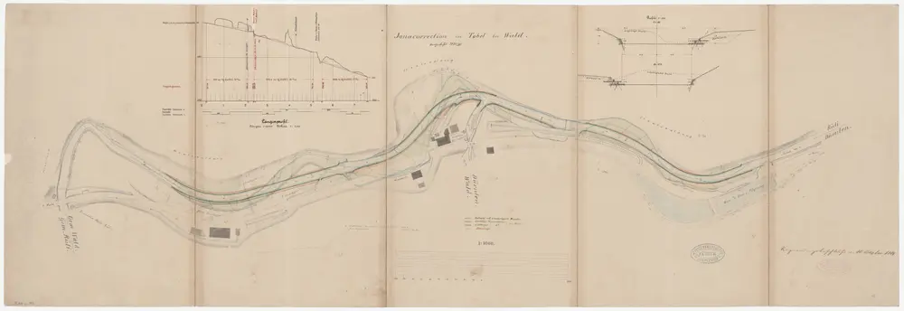 Wald, Dürnten, Rüti: Im Tobel bei Wald (Grundtal), 1880 und 1881 ausgeführte Jonakorrektion; Situationsplan und Längsprofil