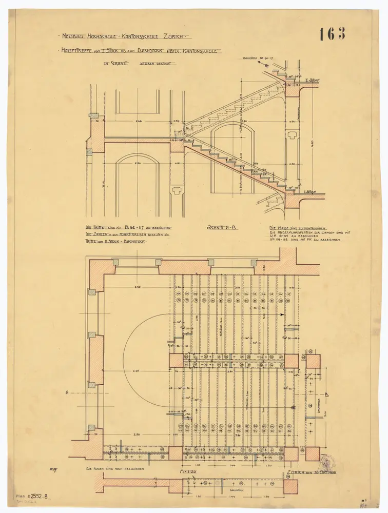 Universität Zürich (Chemisches Institut) und Kantonsschule Zürich, Neubau Rämistrasse 76: Treppenhäuser und Granittreppen: Abteilung Kantonsschule, Haupttreppe vom 1. Stock in den Dachstock; Grundriss und Schnitt