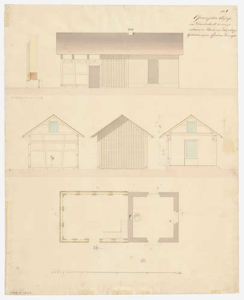 Weiningen: Neu projektiertes Wasch- und Holzhaus; Grundriss, Ansichten und Querschnitt (Nr. 8)