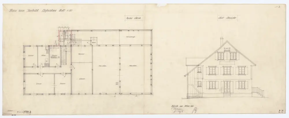 Haus zum Neubühl: Ansichten, Grundrisse und Querschnitt: Südansicht und Grundriss (1. Stock)