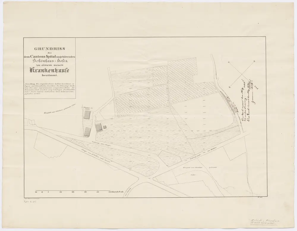 Fluntern: Zum Kantonsspital Zürich gehörender Schönhaus-Hof, bestimmt für ein neues Krankenhaus; Grundriss