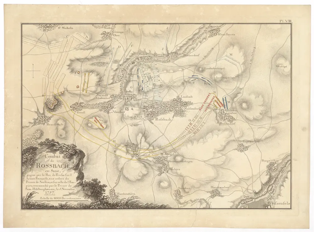 Combat de Rossbach, en Saxe, gagné par le roi de Prusse sur l'armée françoise, aux ordres du prince de Soubise, et sur celle de l'Empire, commandée par le prince de Saxe-Hildburghausen, le 5. novembre, 1757