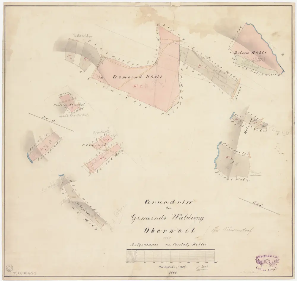 Nürensdorf: Gemeindewaldung Oberwil: Holzrei, Unterm Hüebli (Hübli), Gmeindhüebli (Gemeind Hübli), Cholgrueb (Kohlgrube), Hinterm Steichel, Steichel; Grundrisse