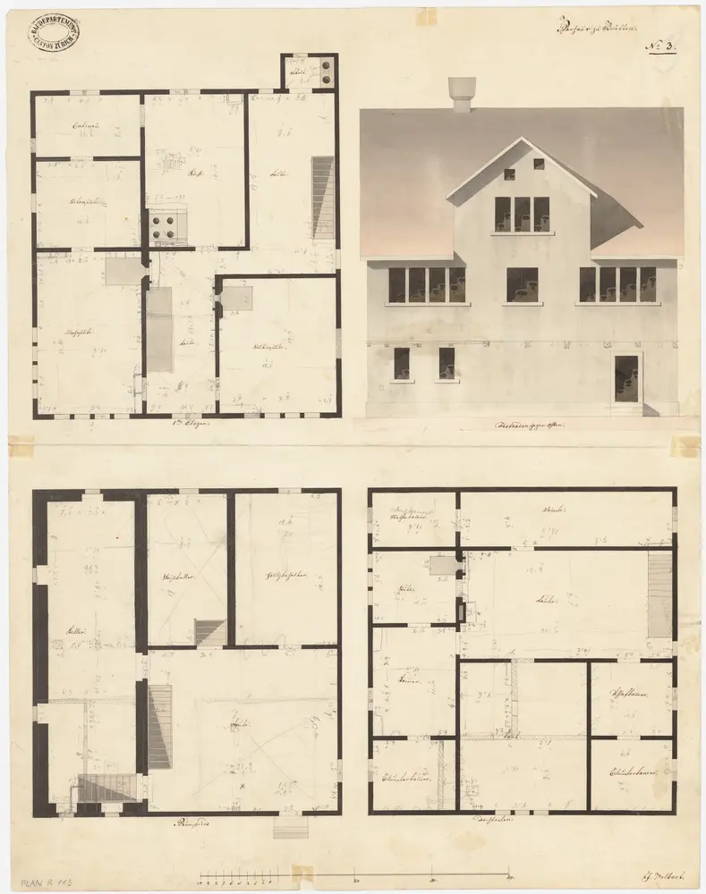 Brütten: Pfarrhaus; Ostansicht, Grundrisse des Erdgeschosses, des 1. Stocks und des Dachgeschosses (Nr. 3)