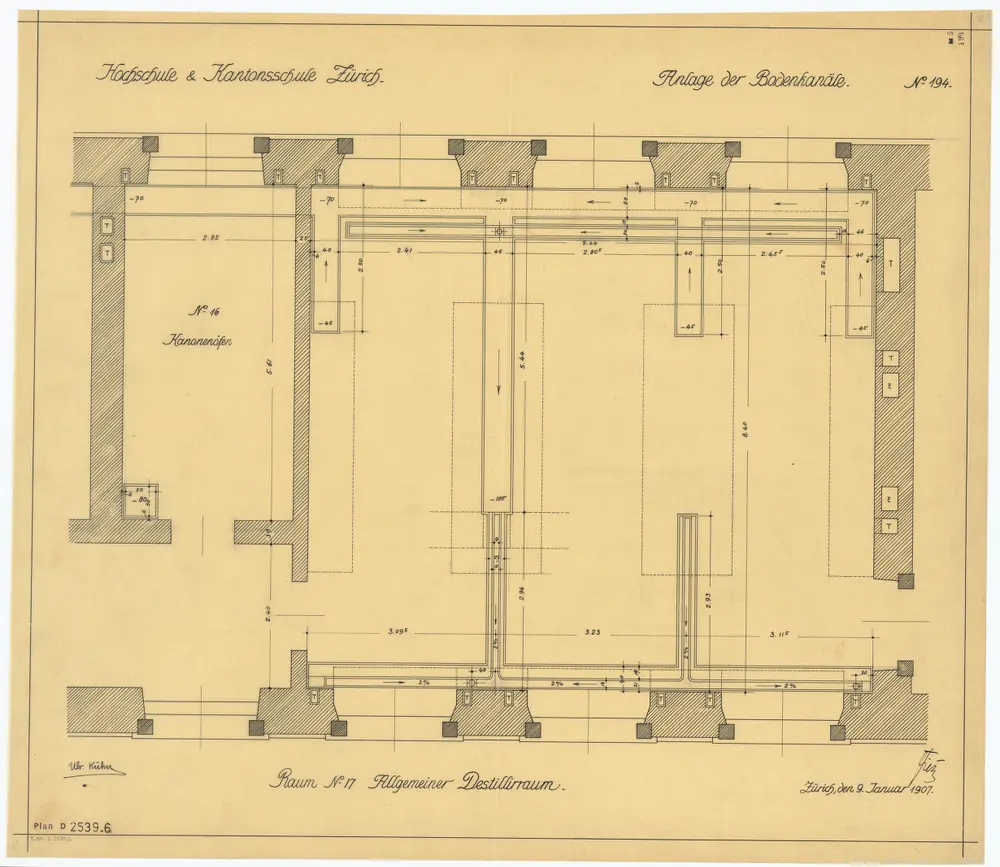 Universität Zürich (Chemisches Institut) und Kantonsschule Zürich, Neubau Rämistrasse 76: Bodenkanäle: Raum Nr. 17, Allgemeiner Destillierraum