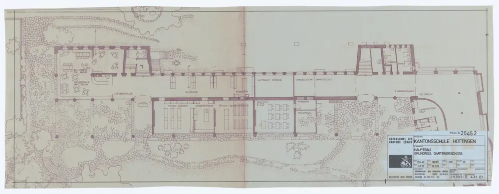 Kantonsschule Hottingen, Aula/Turnhalle und Hauptbau: Grundrisse: Hauptbau, Gartengeschoss; Grundriss