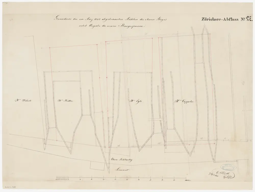 Zürich: Oberer Mühlesteg, im März 1842 abgebrannte Mühlen sowie neue Baugespanne; Situationsplan und Grundriss (Zürichsee-Abfluss Nr. 27)