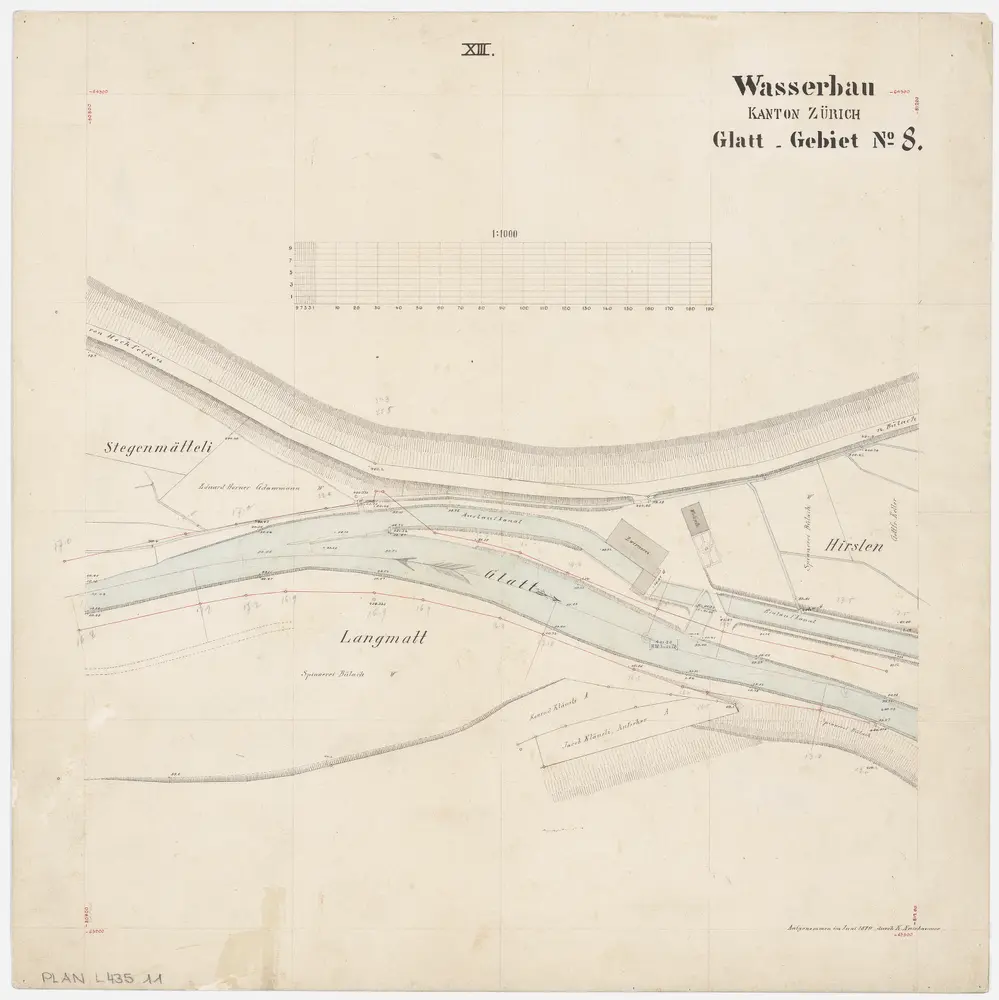 Rümlang bis Bülach: Glatt von der Mühle in Rümlang bis zum Zieglenwehr in Bülach; Grundrisse (Glatt-Gebiet Nr. 8): Blatt XIII: Glatt in Hochfelden-Hirslen; Grundriss (Glatt-Gebiet Nr. 8)