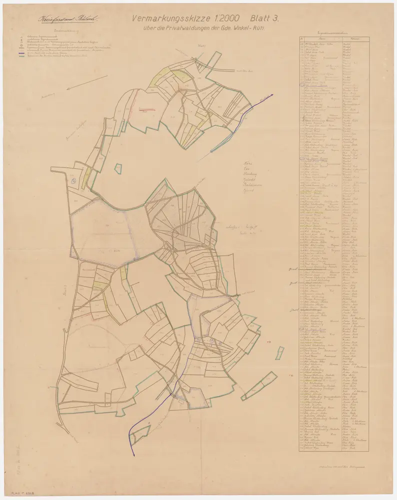 Winkel: Privatwaldungen: Vermarkungsskizze, Blatt 3: Höri, Loo, Heuberg, Gstockt, Baldimaas (Baldimoos), Gfurt; Grundriss