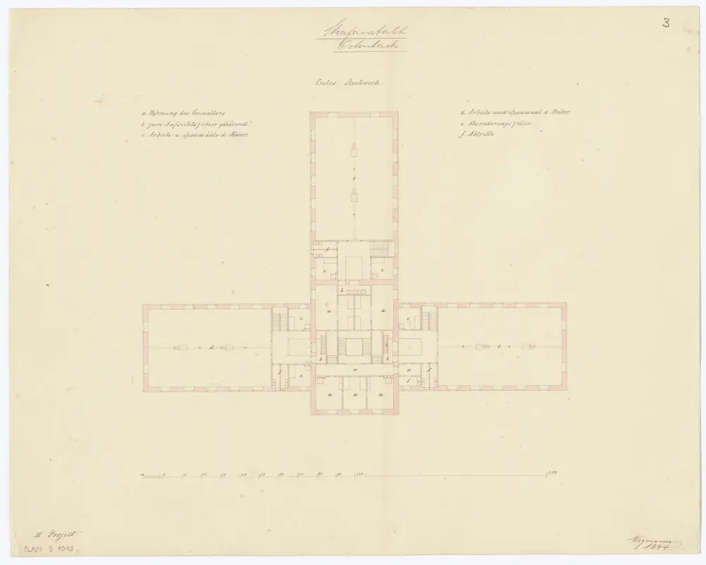 Kantonale Strafanstalt, projektierter Neubau: 1. Stock; Grundriss (2. Projekt)