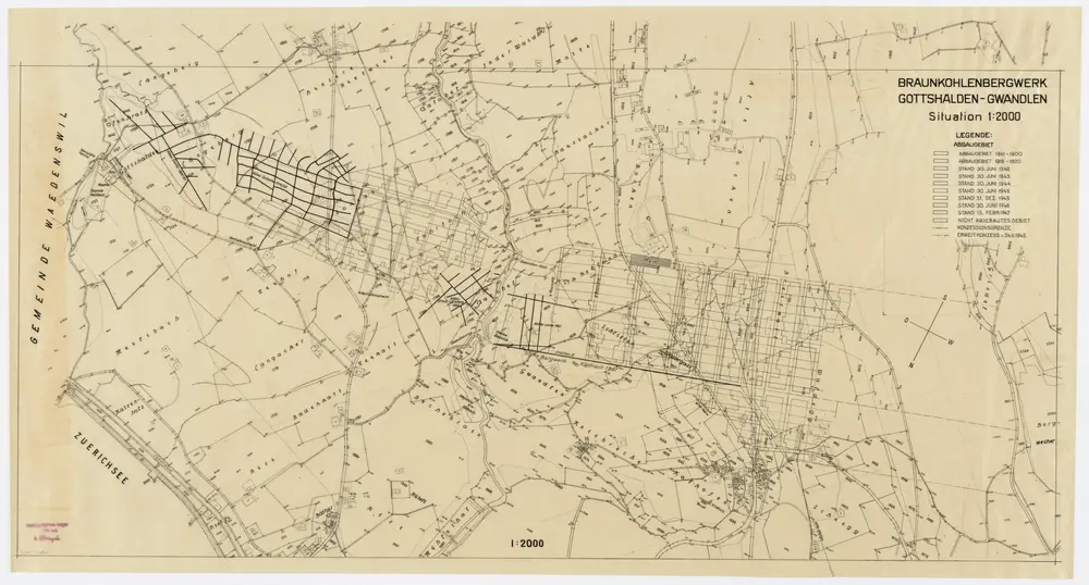 Horgen: Kohlebergwerk Käpfnach, Bereiche Gottshalden und Gwandlen, Abbaugebiete von 1861 bis 1947; Übersichtsplan
