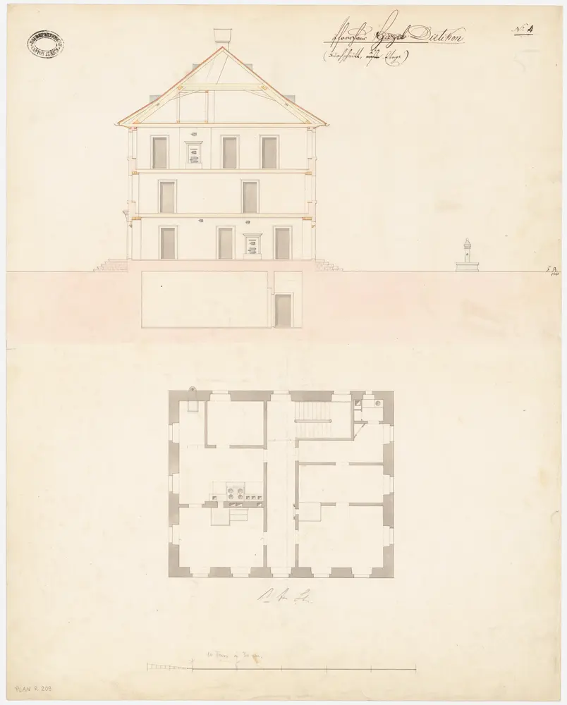 Dietikon: Pfarrhaus; Querschnitt und Grundriss des 1. Stocks (Nr. 4)