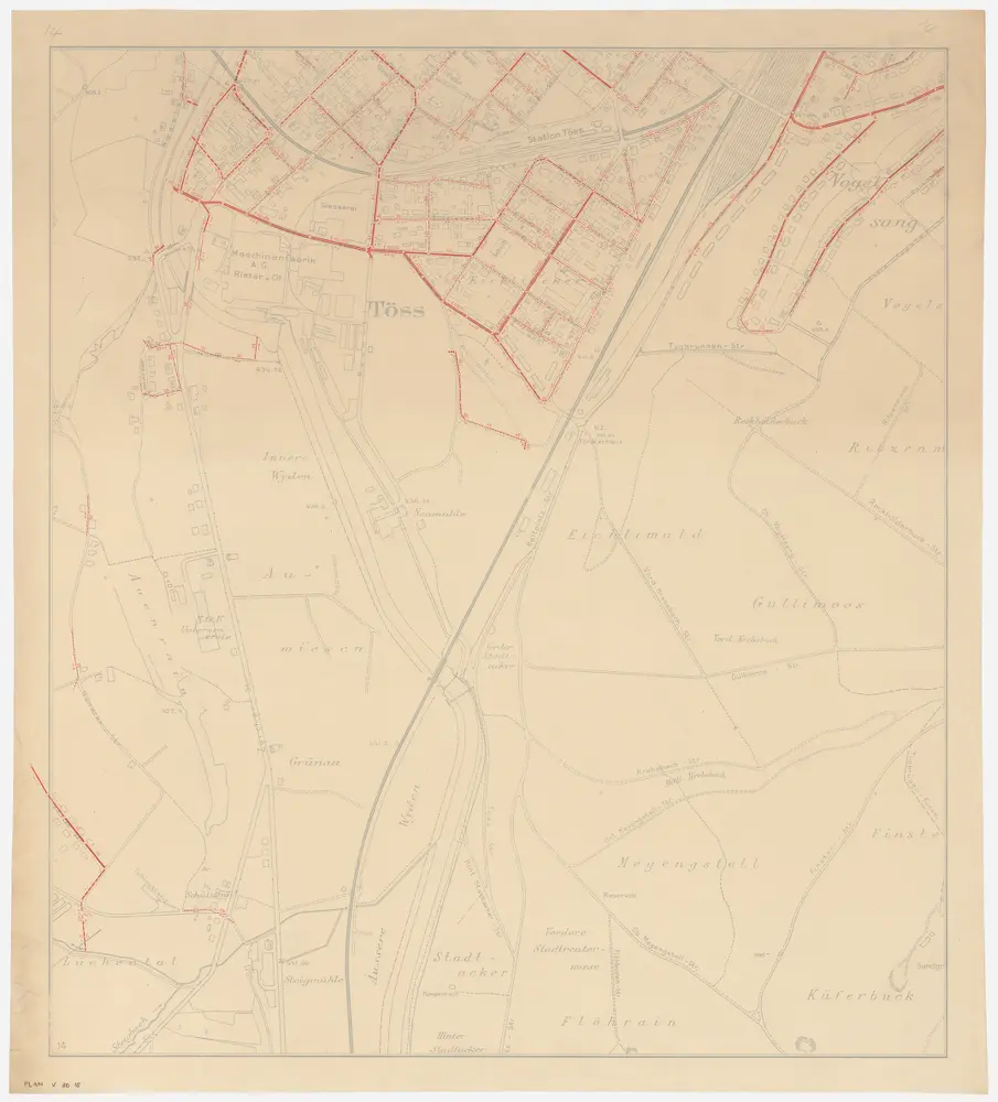 Winterthur: Gemeinde; Kanalisation: Blatt 14: Töss mit Vogelsang, Auwiesen Eichliwald, Grüenau (Grünau), Meiengstell (Meyengstell), Flöhrain und Küferbuck; Übersichtsplan