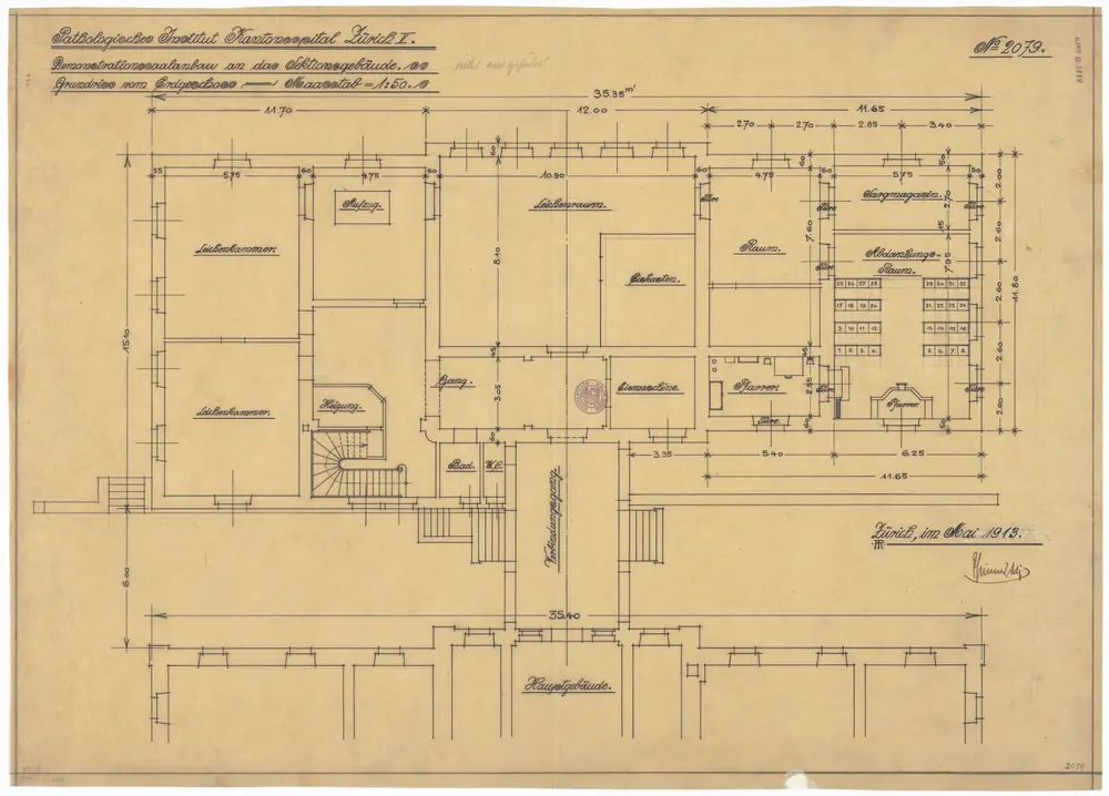 Pathologisches Institut, Demonstrationssaalanbau an das Sektionsgebäude: Erdgeschoss; Grundriss (Nr. 2079)