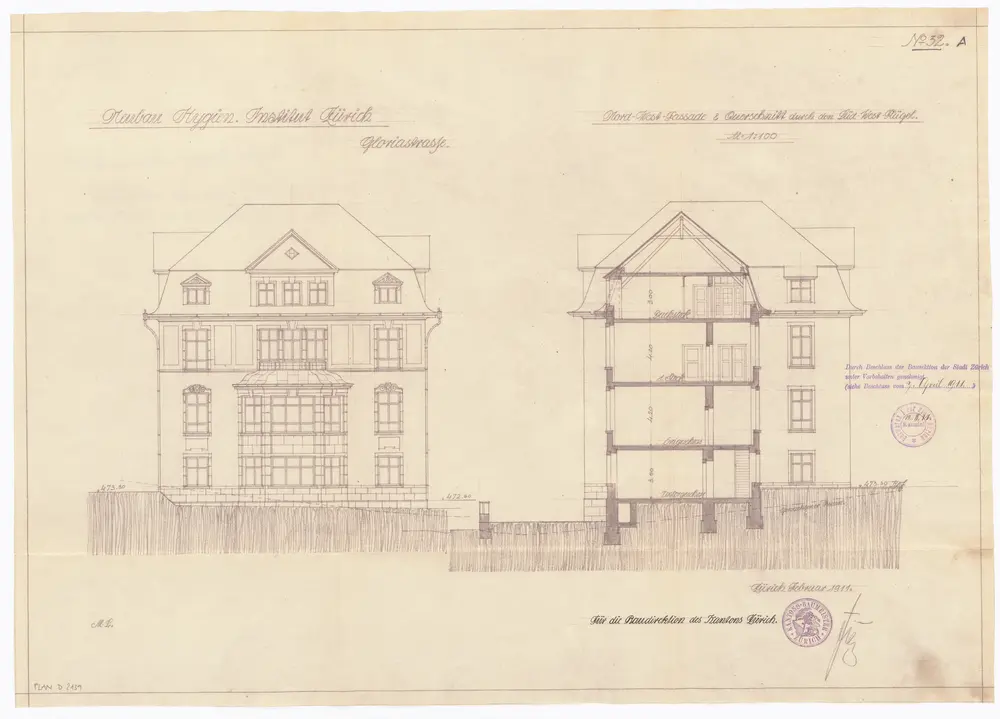 Hygiene-Institut, Neubau an der Gloriastrasse: Nordwestansicht und Querschnitt durch den Südwestflügel