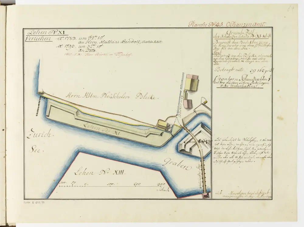 Zürich: Dem Spital Zürich gehörende Lehen in den Fortifikationswerken; Ansichten, Grundrisse und Schnitte: Schanzenlehen Nr. 11 Kleine Stadt, zwischen Wollishofer-Steg und Zürichsee; Grundriss