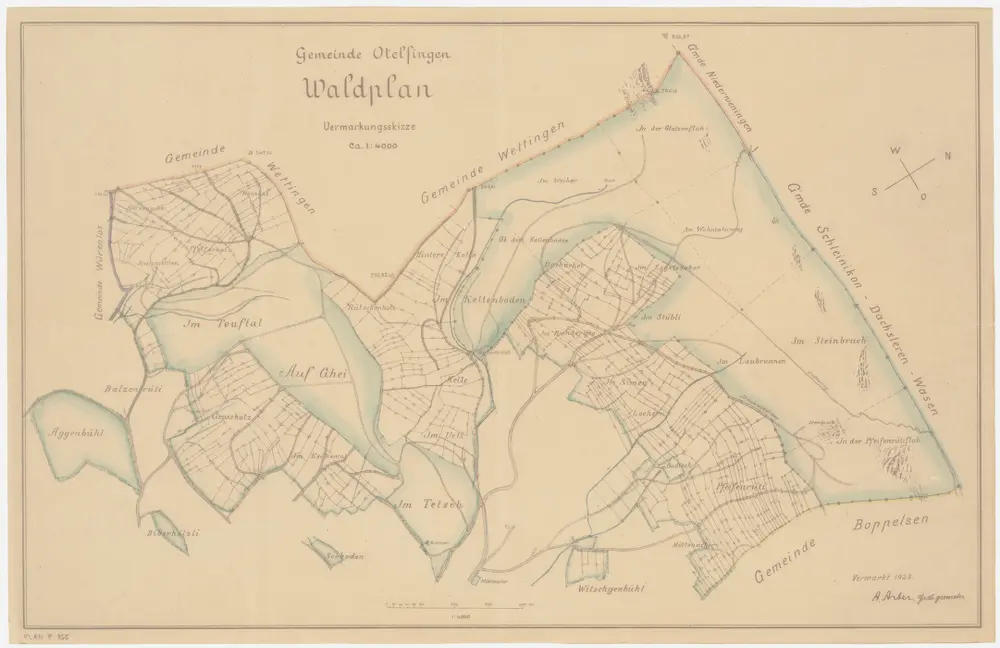 Otelfingen: Gemeindewaldungen Aggenbüel, Tüftel (Teuftal), Auf Ghei, Biberhölzli, Seeboden, Tetsch, Chellenboden (Kellenboden), Weier (Weiher), Glatzenfluh, Am Wentlerweg (Wehntalerweg), Stübli, Laubrunnen, Steinbruch, Pfiffenrütiflue (Pfeifenrütifluh), Witschgenbüel; Grundriss