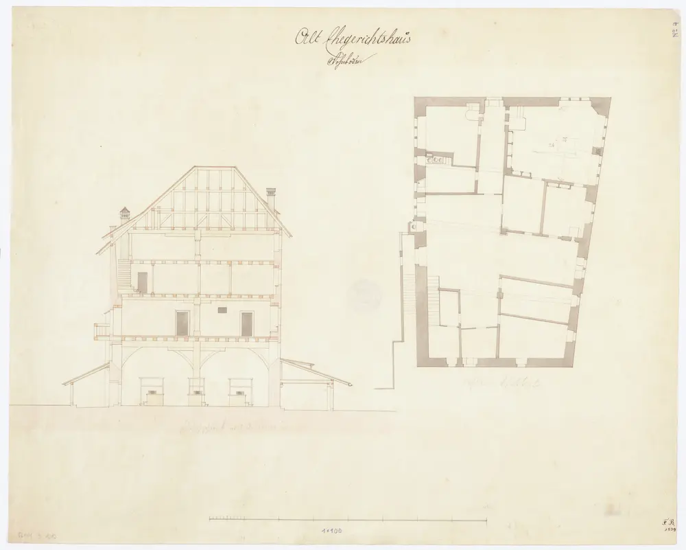 Metzghalle (altes Ehegerichtshaus): Grundriss (1. Stock) und Schnitt