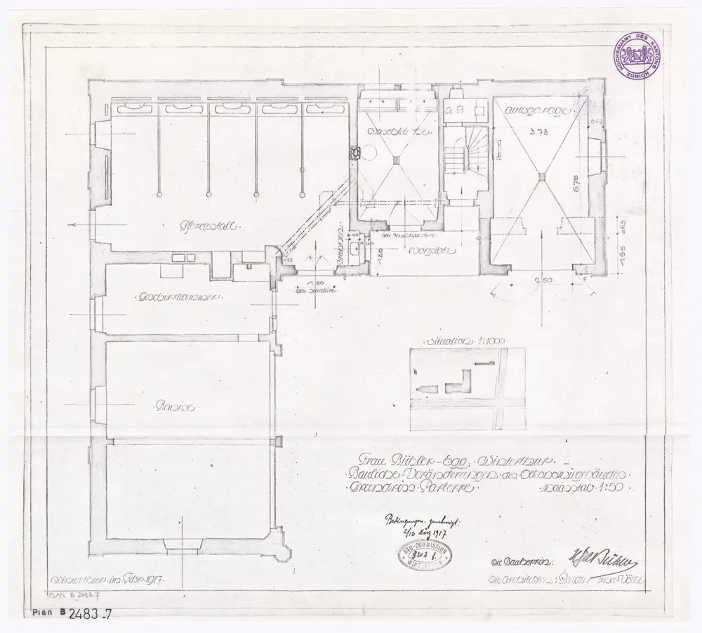 Winterthur: Villa Bühler-Egg, Ökonomiegebäude, Trollstrasse 19: Umbau; Erdgeschoss; Situationsplan und Grundriss