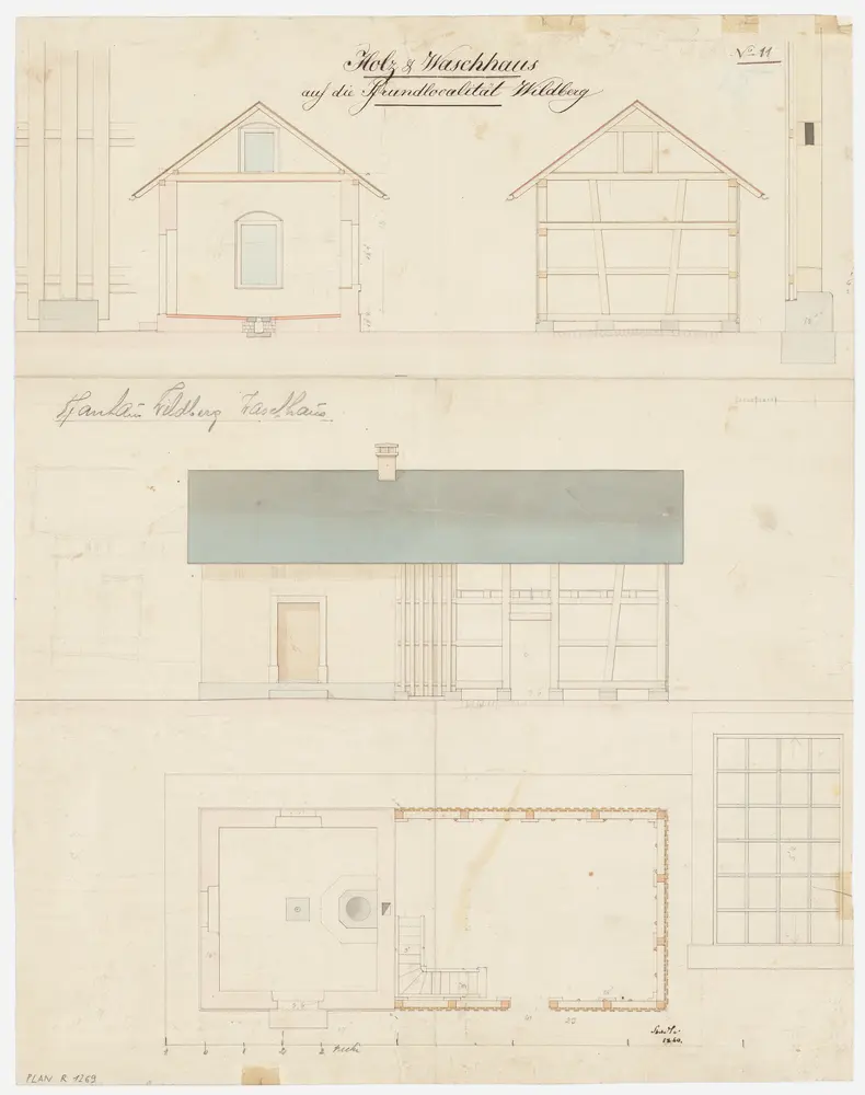 Wildberg: Holz- und Waschhaus; Grundriss, Ansichten und Querschnitt (Nr. 11)