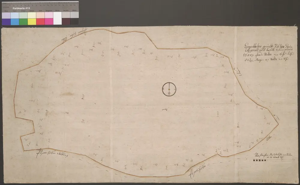 HZAN GA 100_Nr. 263_ : Leofels (Kr. Crailsheim); "Grundriß die Steinloh genannt";ohne Verfasser; Vermessungskarte;78 x 41,5 cm; Norden unten;Leinwand auf Pappe; Federzeichnung; Grundstücke in Vierecke eingeteilt.