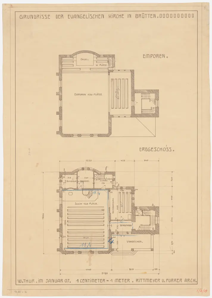 Brütten: Evangelisch-reformierte Kirche; Emporen und Erdgeschoss; Grundrisse