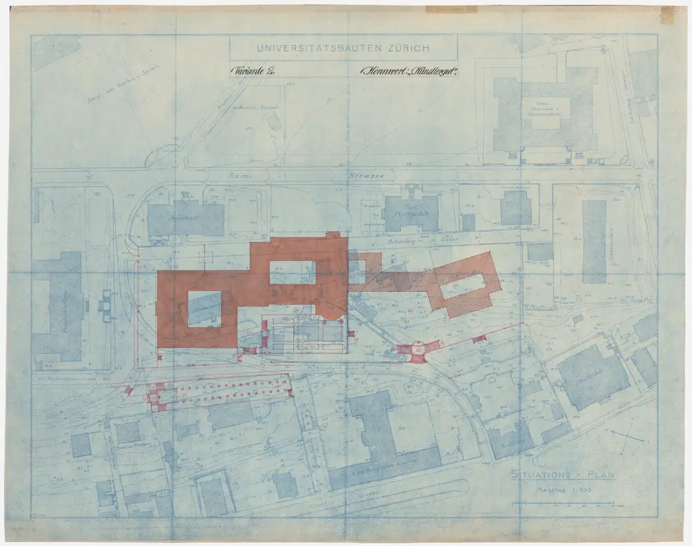 Zürich: Neubau der Universität; Projekt Künstlergut, Variante 2; Situationsplan