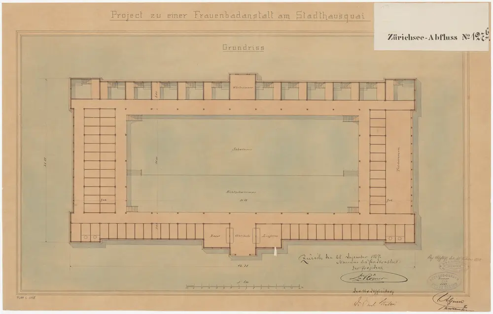 Zürich: Unterhalb des Bauschänzli, projektierte neue Frauenbadeanstalt am Stadthausquai; Grundriss (Zürichsee-Abfluss Nr. 127 b)