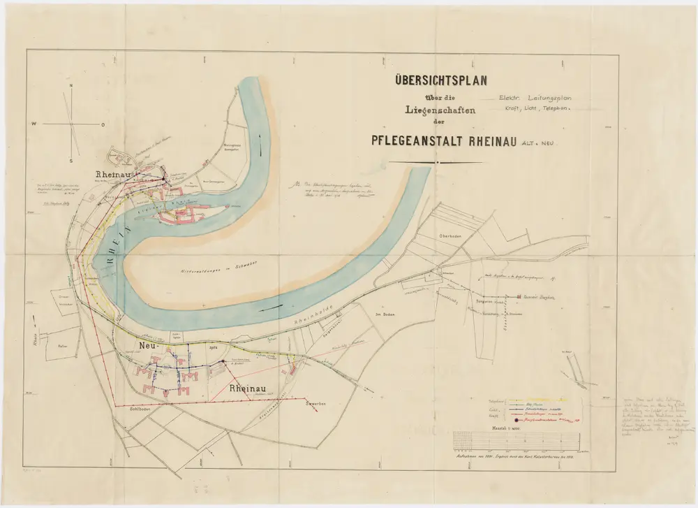 Pflegeanstalt Rheinau: Liegenschaften mit elektrischen Leitungen; Übersichtsplan