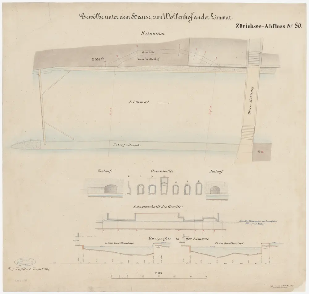 Zürich: Beim Haus zum Wollenhof an der Limmat, Gewölbe unter dem Haus; Situationsplan, Querprofile und Längsschnitt (Zürichsee-Abfluss Nr. 80)