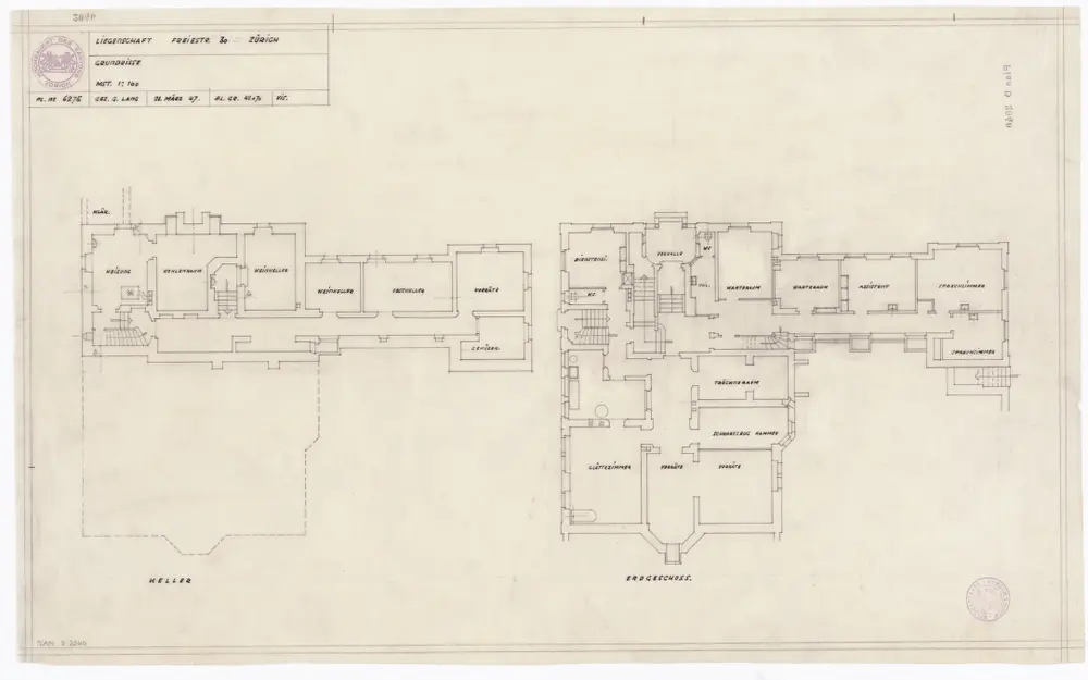 Fiskalgebäude, Freiestrasse 30 und 32: Keller und Erdgeschoss; Grundrisse