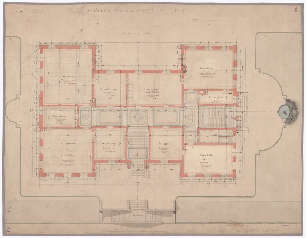Eidgenössisches Polytechnikum, Physikgebäude, Gloriastrasse 35: Abteilung Physik, Erdgeschoss; Grundriss