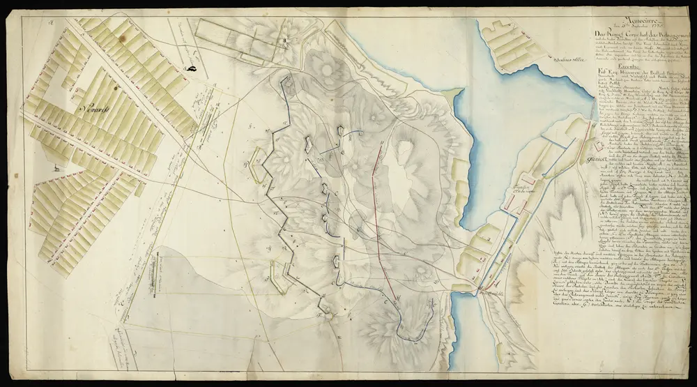 HZAN GA 100_Nr. 463_ : Berlin [Manöverkarte];ohne Verfasser;ohne Maßstab;85 x 45,5 cm;Kartenrand: Höhenzüge ohne Bezeichnung; Nowawes; Höhenzüge ohne Bezeichnung; Erklärung zur Manöverausführung;Papier; Federzeichnung; Höhen in Schraffen; Ortschaft Nowawes und die Tapetenfabrik samt den Gewässern in Wasserfarben.