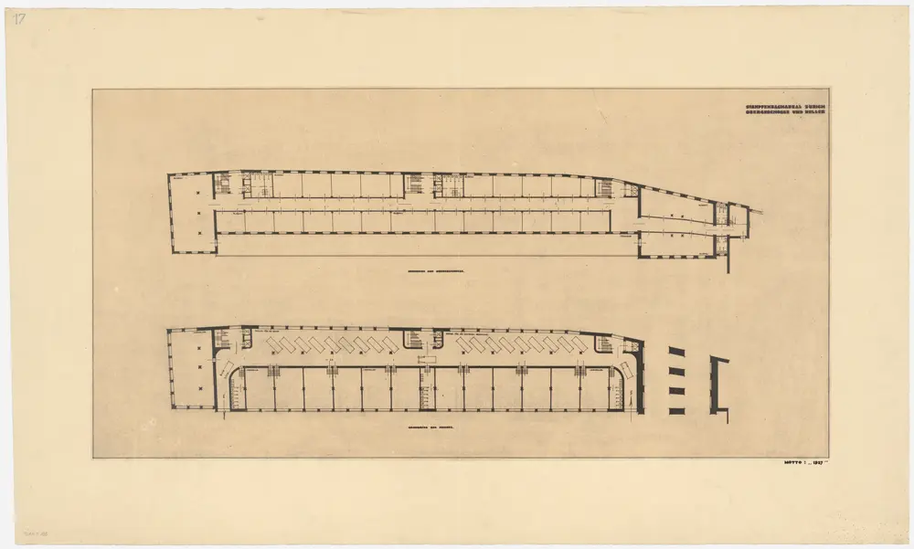 Zürich: Verwaltungsgebäude auf dem Stampfenbachareal; Projekt 1927; Neumühle-Gebäude, Keller und Obergeschosse; Grundrisse