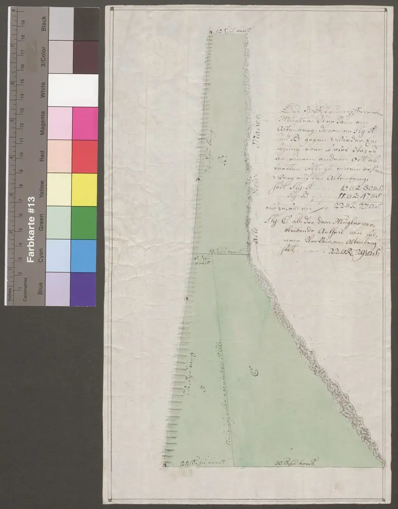 HZAN GA 100_Nr. 201_ : Kirchberg; "Des Hofstrumpfwebers Muglers Kleerain am alten Berg" [Plan des Grundstücks];ohne Verfasser;ohne Maßstab;19 x 34 cm;Papier; Wasserfarben; Angabe des Meßgehalts.