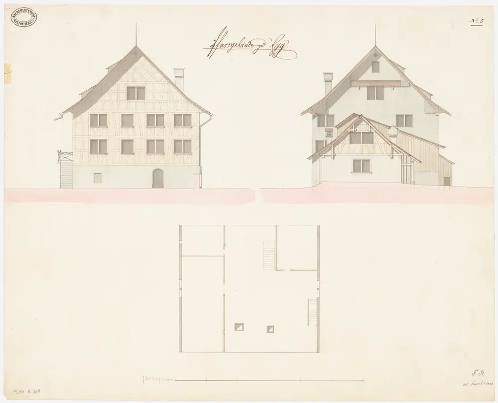 Egg: Pfarrhaus; Ansichten und Grundriss des Dachbodens (Nr. 5)