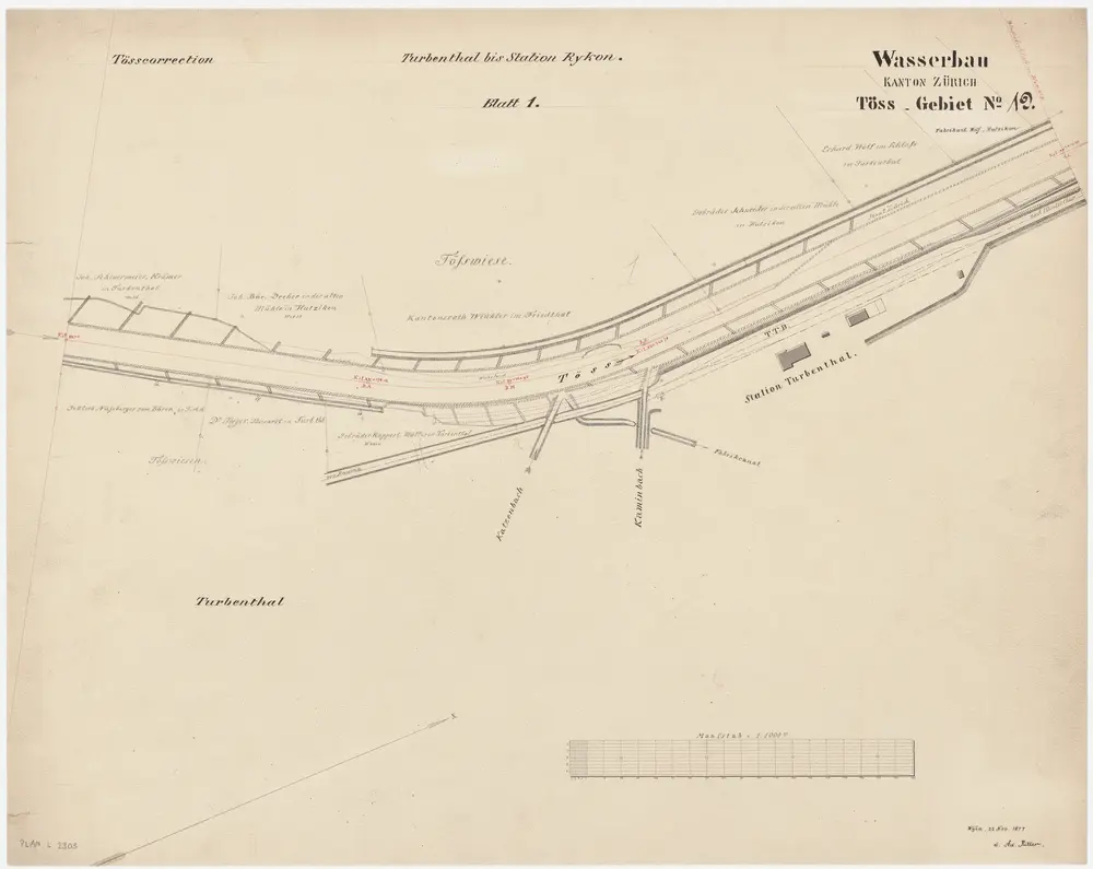 Wildberg, Turbenthal: Von oberhalb der Einmündung des Chatzenbachs bis zur Station in Turbenthal, Tösskorrektion; Situationsplan (Töss-Gebiet Nr. 19, Blatt 1)