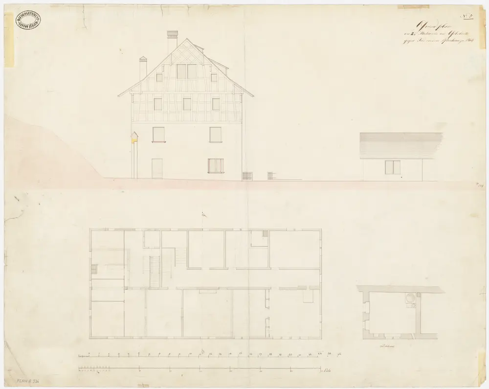 Rüti: Pfarrhaus und Waschhaus; Grundriss des 2. Stocks und Ansichten (Nr. 5)