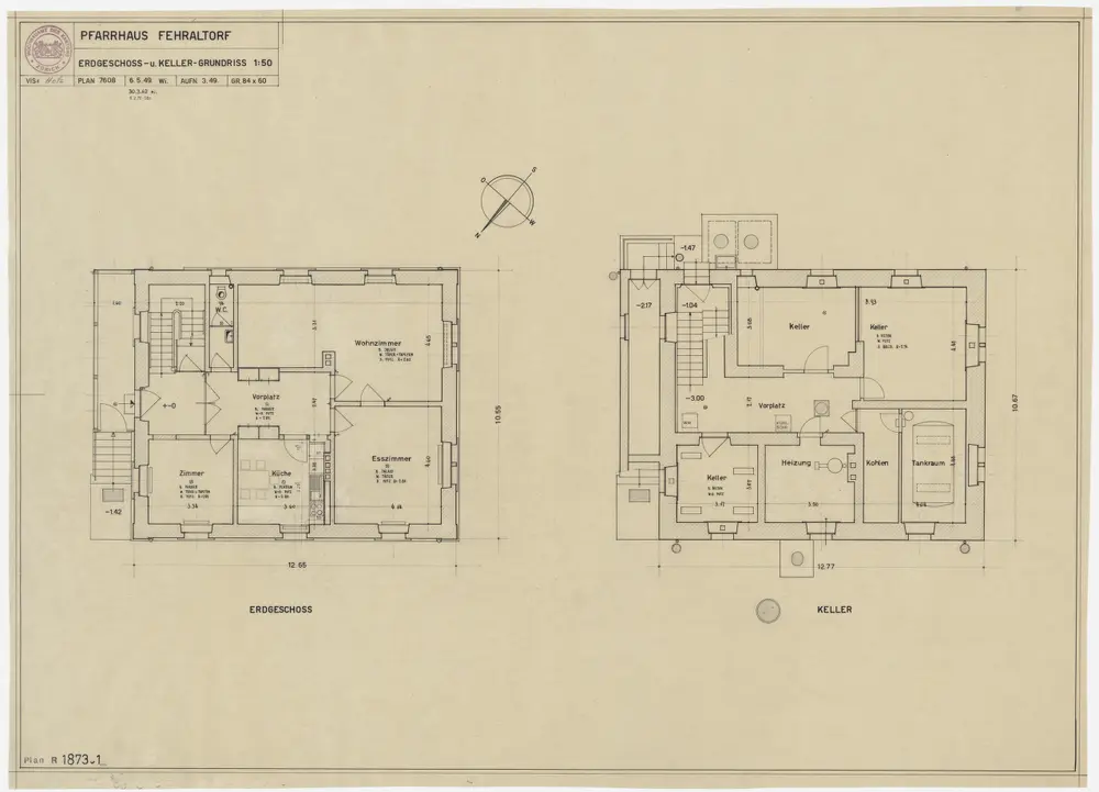 Fehraltorf: Pfarrhaus: Keller und Erdgeschoss; Grundrisse