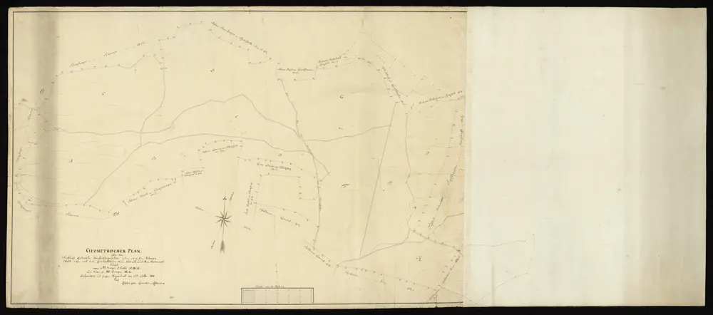 HZAN GA 100_Nr. 372_ : Schrozberg; "Geometrischer Plan über den ... vordern und hintern Schorrenwald";Kohler jun., Geometer in Rothenburg;60 Ruten = 14,1 cm;110 x 61 cm; Norden oben;Papier auf Leinwand; Federzeichnung; Grenzsteine nummeriert; Anlieger namentlich verzeichnet.