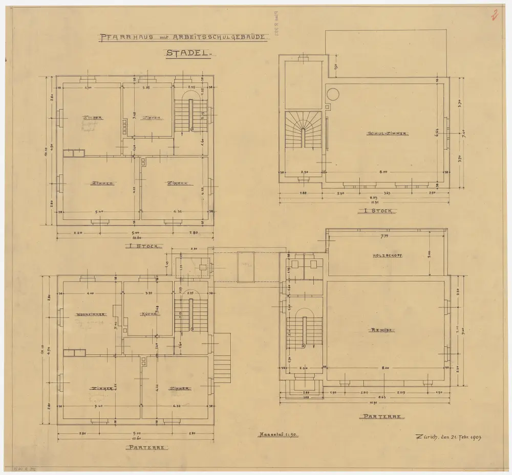 Stadel: Pfarrhaus und Arbeitsschulgebäude, Erdgeschoss und 1. Stock; Grundrisse (Nr. 2)