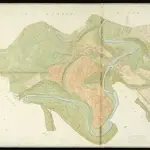 HZAN GA 100_Nr. 177_ : Kirchberg"Geometrischer Plan über die Markung Kirchberg";Geometer Fuchs von Reutlingen;100 Ruten = 12,7 cm [30 cm = 1 km];174,5 x 97 cm; Norden rechts oben;Papier; Federzeichnung; Flur-, Waldstücke und Häuser mit Wasserfarben hervorgehoben; Nummerierung und Meßgehalt; Eintrag der Wasserleitung.