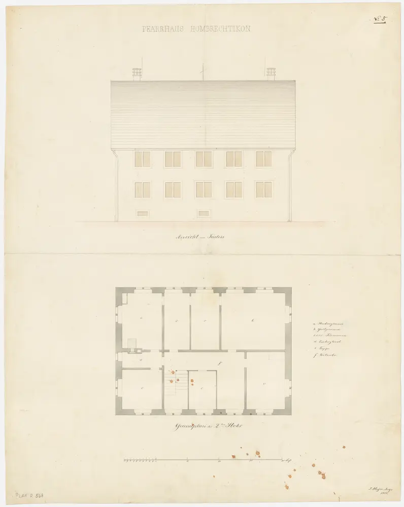 Hombrechtikon: Pfarrhaus; Südansicht und Grundriss des 2. Stocks (Nr. 5)