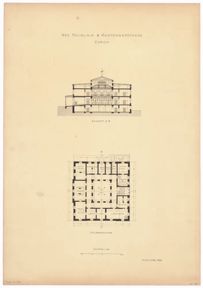 Poliklinik und Kantonsapotheke: Grundriss (Kellergeschoss) und Querschnitt (Nr. 39)