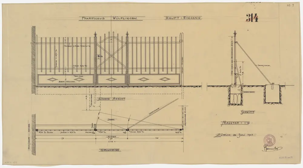 Wülflingen: Einfriedung des Pfarrhausgartens, Haupteingang; Grundriss, Ansicht und Querschnitt (Nr. 7)