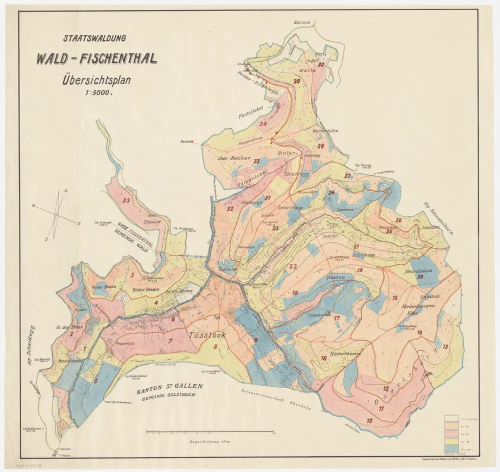 Wald, Fischenthal, Goldingen SG: Waldungen: Wald, Fischenthal: Staatswaldungen Warten, Stralegg (Strahlegg), Schürli, Hübschegg, Dägelsberg, Tösswald, Hüttkopf, Vorderhessen, Hinterhessen, Tössstock; Übersichtsplan