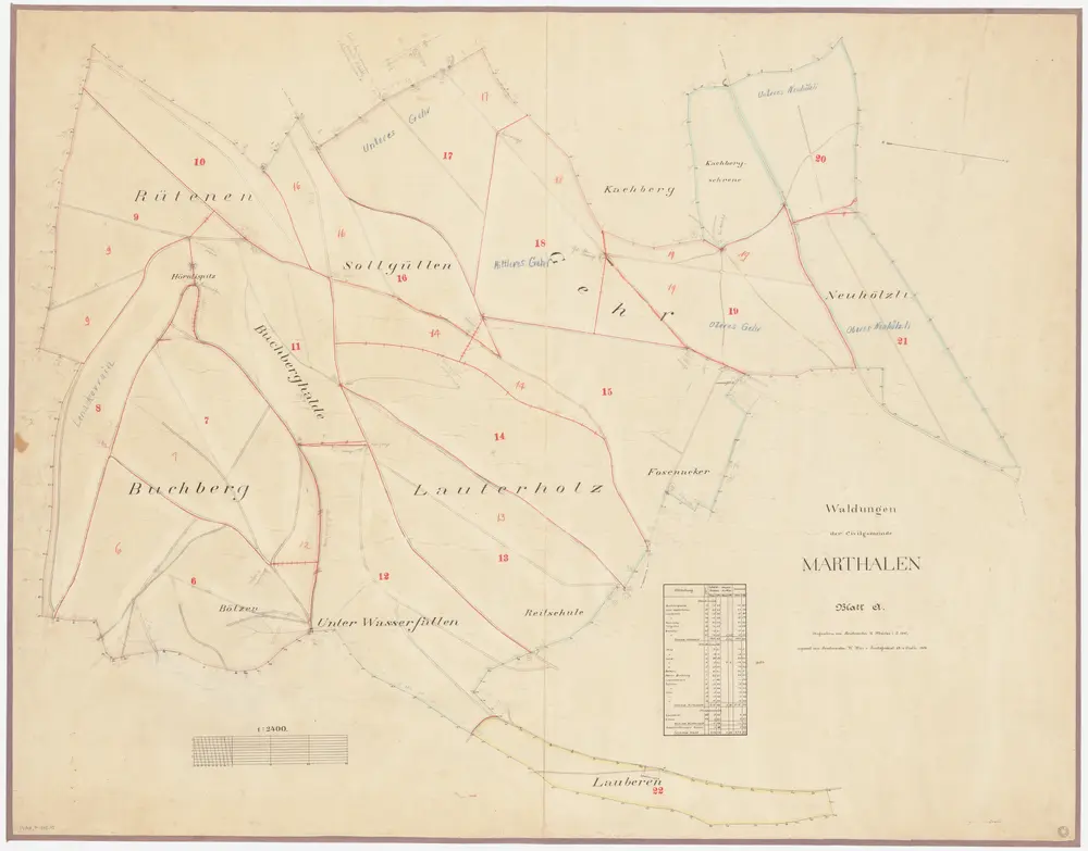Marthalen: Gemeindewaldung: Ger (Gehr), Buechberg (Buchberg), Rütenen (Reutenen), Solgüllen (Sollgüllen), Luterholz (Lauterholz), Botzen, Unter den Wasserfall, Neuhölzli, Chachberg (Kachberg), Fosenacker; Grundriss (Blatt A)