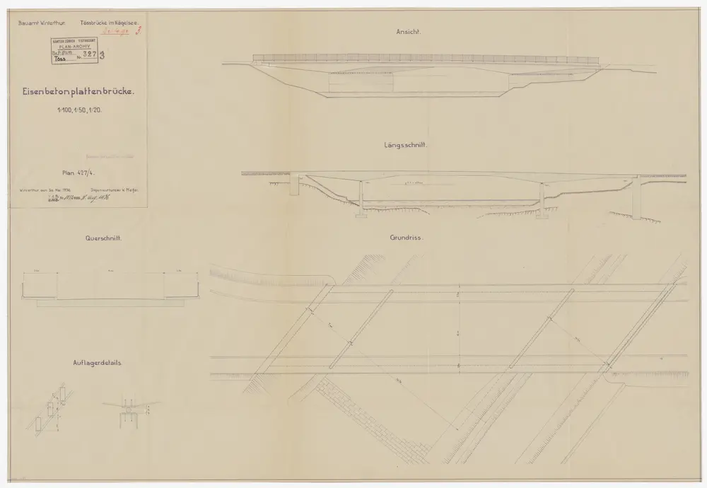 Winterthur: Tössbrücke im Nägelsee, Eisenbetonplattenbrücke; Seitenansicht, Grundriss und Schnitte