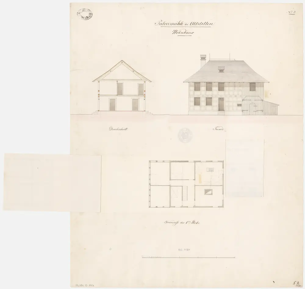 Altstetten: Wohnhaus bei der Pulvermühle; Nordostansicht, Grundriss des 1. Stocks und Querschnitt (Nr. 3)