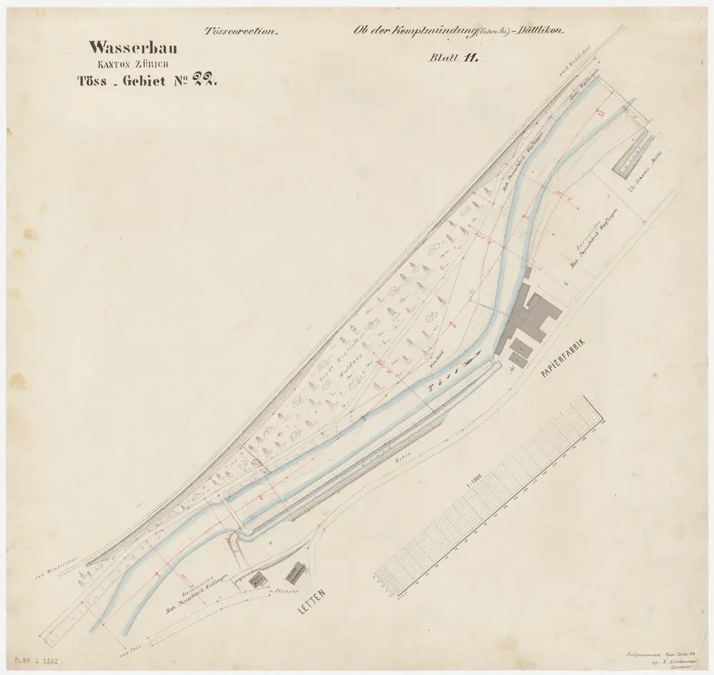 Wülflingen: Von unterhalb des Schlosshofs bis zur Bodmermühle (später Wespimühle), Tösskorrektion; Situationsplan (Töss-Gebiet Nr. 22, Blatt 11)